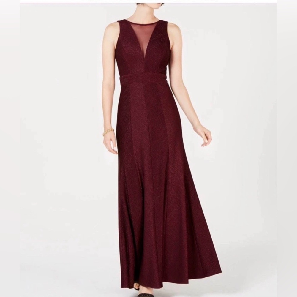 NW Nightway Sleeveless Mesh-Inset Maxi Dress in Deep Wine